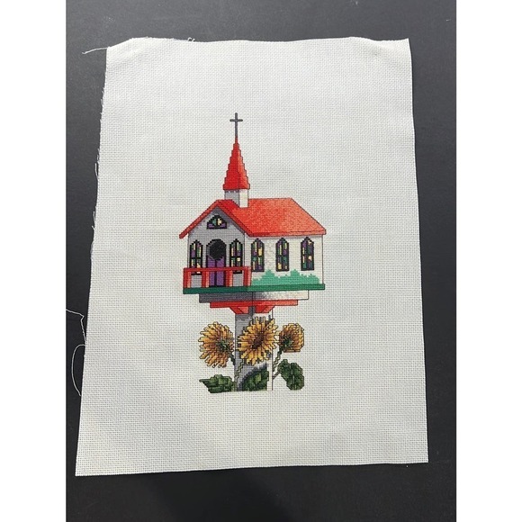 Needlepoint Church Sunflower Birdhouse Handmade Complete Cross Stitch 17.5x13 - Picture 1 of 3
